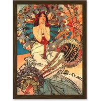 Artery8 Painting Mucha Nouveau Woman Spring Floral A4 Artwork Framed Wall Art Print in Brown