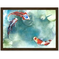 Artery8 Japan Koi Carp Fish With Lilies A4 Artwork Framed Wall Art Print in Brown