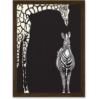 Artery8 Zebra & Giraffe B&W Zoo A4 Artwork Framed Wall Art Print in Brown