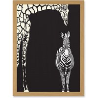 Artery8 Zebra & Giraffe B&W Zoo A4 Artwork Framed Wall Art Print in Light Oak