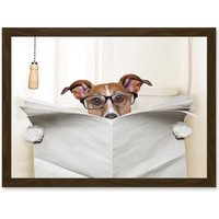 Artery8 Jack Russell Dog Toilet Reading Newspaper Photo Mock Up A4 Artwork Framed Wall Art Print in Brown
