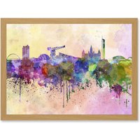 Artery8 Cityscape Paint Splash Skyline Of Glasgow City A4 Artwork Framed Wall Art Print in Light Oak