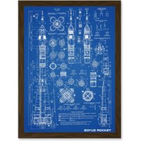 Artery8 Soyuz Rocket USSR Soviet Space Blueprint Plan A4 Artwork Framed Wall Art Print in Brown