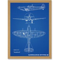 Artery8 Supermarine Spitfire 5B Fighter Plane Blueprint Plan A4 Artwork Framed Wall Art Print in Light Oak