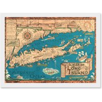 Artery8 Long Island NY Smith 1933 Pictorial Map History A4 Artwork Framed Wall Art Print in White