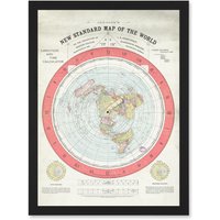 Artery8 1892 World Time Calculator Flat Earth Map Gleason A4 Artwork Framed Wall Art Print in Black