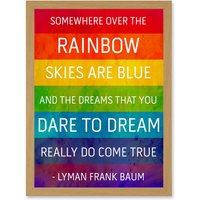 Artery8 Somewhere Over Rainbow Frank Baum Quote Typography A4 Artwork Framed Wall Art Print in Light Oak