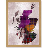 Artery8 Tartan Map Of Scotland A4 Artwork Framed Wall Art Print in Light Oak