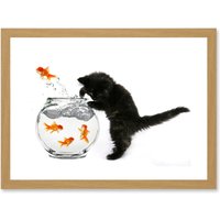 Artery8 Black Kitten Cat Goldfish Bowl A4 Artwork Framed Wall Art Print in Light Oak