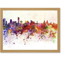 Artery8 Painting Cityscape Liverpool Skyline Paint Splash A4 Artwork Framed Wall Art Print in Light Oak