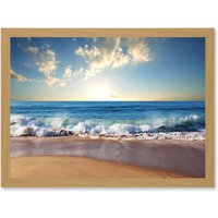 Artery8 Photo Seascape Beach Sand Ocean Surf Waves A4 Artwork Framed Wall Art Print in Light Oak