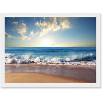 Artery8 Photo Seascape Beach Sand Ocean Surf Waves A4 Artwork Framed Wall Art Print in White