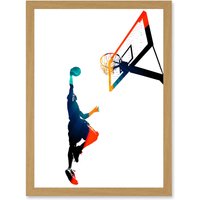 Artery8 Basketball Jump Hoop Ball Dunk Sport A4 Artwork Framed Wall Art Print in Light Oak