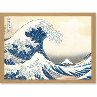 Artery8 Hokusai Great Wave Off-Kanagawa Mount Fuji Japan Tsunami Iconic A4 Artwork Framed Wall Art Print in Light Oak