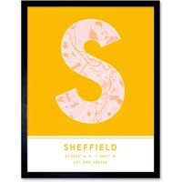 Wee Blue Coo Wall Art Print Sheffield England United Kingdom City Map Modern Typography Stylish Letter Framed Word in Yellow | Size: W12" x H16"