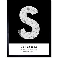 Wee Blue Coo Wall Art Print Sarasota Florida United States City Map Modern Typography Stylish Letter Framed Word in Black | Size: W12" x H16"