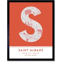 Wee Blue Coo Wall Art Print Saint Albans England United Kingdom City Map Modern Typography Stylish Letter Framed Word in Orange | Size: W12" x H16"