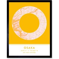 Wee Blue Coo Wall Art Print Osaka Japan City Map Modern Typography Stylish Letter Framed Word in Yellow | Size: W12" x H16"