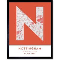 Wee Blue Coo Wall Art Print Nottingham England United Kingdom City Map Modern Typography Stylish Letter Framed Word in Orange | Size: W12" x H16"