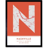 Wee Blue Coo Wall Art Print Nashville Tennessee United States City Map Modern Typography Stylish Letter Framed Word in Orange | Size: W12" x H16"