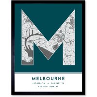 Wee Blue Coo Wall Art Print Melbourne Australia City Map Modern Typography Stylish Letter Framed Word in Teal | Size: W12" x H16"