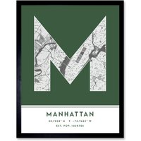 Wee Blue Coo Wall Art Print Manhattan New York United States City Map Modern Typography Stylish Letter Framed Word in Green | Size: W12" x H16"