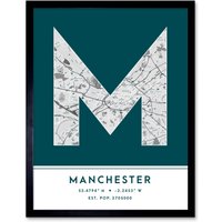 Wee Blue Coo Wall Art Print Manchester England United Kingdom City Map Modern Typography Stylish Letter Framed Word in Teal | Size: W12" x H16"