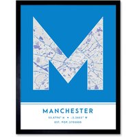 Wee Blue Coo Wall Art Print Manchester England United Kingdom City Map Modern Typography Stylish Letter Framed Word in Blue | Size: W12" x H16"