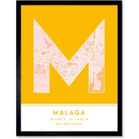 Wee Blue Coo Wall Art Print Malaga Spain City Map Modern Typography Stylish Letter Framed Word in Yellow | Size: W12" x H16"