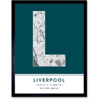 Wee Blue Coo Wall Art Print Liverpool England United Kingdom City Map Modern Typography Stylish Letter Framed Word in Teal | Size: W12" x H16"