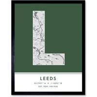 Wee Blue Coo Wall Art Print Leeds England United Kingdom City Map Modern Typography Stylish Letter Framed Word in Green | Size: W12" x H16"