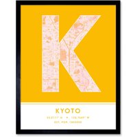 Wee Blue Coo Wall Art Print Kyoto Japan City Map Modern Typography Stylish Letter Framed Word in Yellow | Size: W12" x H16"