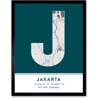 Wee Blue Coo Wall Art Print Jakarta Indonesia City Map Modern Typography Stylish Letter Framed Word in Teal | Size: W12" x H16"