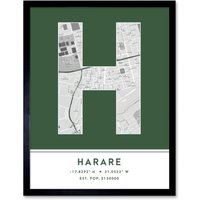 Wee Blue Coo Wall Art Print Harare Zimbabwe City Map Modern Typography Stylish Letter Framed Word in Green | Size: W12" x H16"