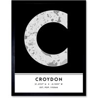 Wee Blue Coo Wall Art Print Croydon England United Kingdom City Map Modern Typography Stylish Letter Framed Word in Black | Size: W12" x H16"