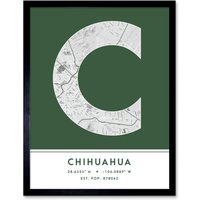 Wee Blue Coo Wall Art Print Chihuahua Mexico City Map Modern Typography Stylish Letter Framed Word in Green | Size: W12" x H16"
