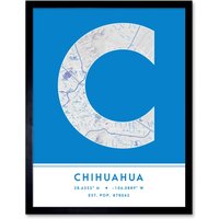 Wee Blue Coo Wall Art Print Chihuahua Mexico City Map Modern Typography Stylish Letter Framed Word in Blue | Size: W12" x H16"