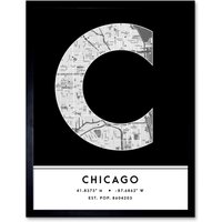 Wee Blue Coo Wall Art Print Chicago Illinois United States City Map Modern Typography Stylish Letter Framed Word in Black | Size: W12" x H16"