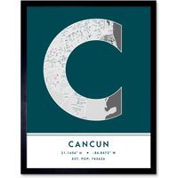 Wee Blue Coo Wall Art Print Cancun Mexico City Map Modern Typography Stylish Letter Framed Word in Teal | Size: W12" x H16"