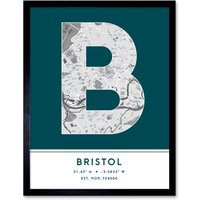 Wee Blue Coo Wall Art Print Bristol England United Kingdom City Map Modern Typography Stylish Letter Framed Word in Teal | Size: W12" x H16"