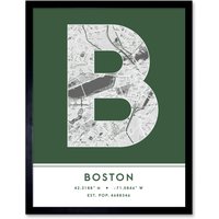 Wee Blue Coo Wall Art Print Boston Massachusetts United States City Map Modern Typography Stylish Letter Framed Word in Green | Size: W12" x H16"