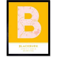 Wee Blue Coo Wall Art Print Blackburn England United Kingdom City Map Modern Typography Stylish Letter Framed Word in Yellow | Size: W12" x H16"