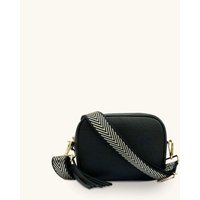 Apatchy London Women's Black Leather Crossbody Bag With Black & Gold Chevron Strap