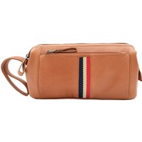 House of Leather Real Leather Toiletry Wash Bag Travel Wrist Pouch HOL951 Navy in Tan | Size: Small