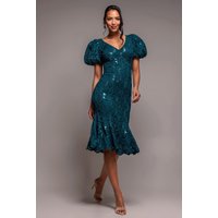 Sequin Lace Puff Sleeve Fit & Flare Midi Dress