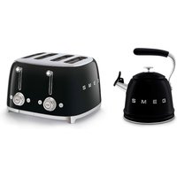 Smeg WKF01, TSF03 Whistling Stovetop Kettle & 4-Slice Toaster Set in Black