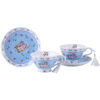 London Boutique Coffee Tea Cups & Saucers Set of 2 Vintage Flower Flora Rose Lavender Gift Box in Blue