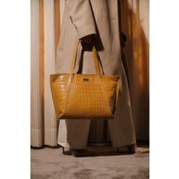 Assots London Women's AGNES' Croc Embossed Real Leather Designer Tote Bag in Mustard