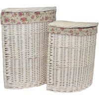Red Hamper Set of 2 Cotton Lined Wicker White Wash Corner Laundry Baskets
