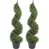 Leaf Pair of 90cm (3ft) Tall Artificial Boxwood Tower Trees Topiary Spiral Metal Top in Green